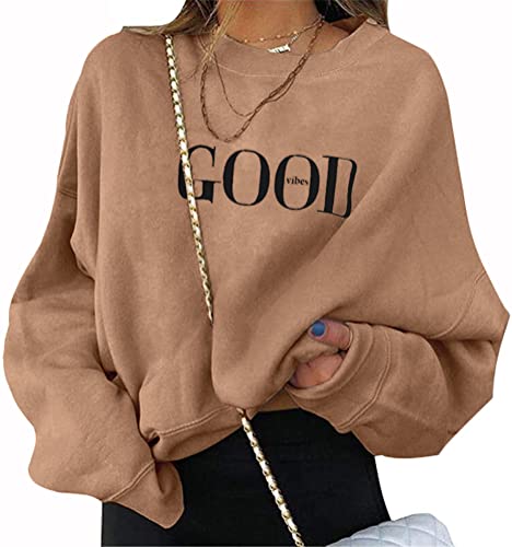 ORANDESIGNE Sweatshirts für Damen Good Vibes Briefe Drucken Pulli Sweatshirts Hoodie Sport Langarm Kapuzenpullover Mode Bequem Casual Pulli A Braun M von ORANDESIGNE