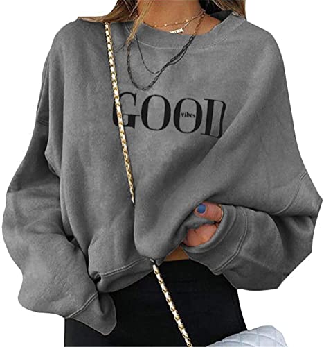ORANDESIGNE Sweatshirts für Damen Good Vibes Briefe Drucken Pulli Sweatshirts Hoodie Sport Langarm Kapuzenpullover Mode Bequem Casual Pulli A Dunkelgrau M von ORANDESIGNE
