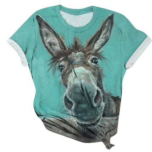 ORANDESIGNE T-Shirt Damen Kurzarm Langarm Rundhals 3D Drucken Lustiges Cartoon Esel Tierdruck Sommer Lässiges Loses Blumen Tops Oberteil T-Shirt Weste Frauen Mädchen A Blau 3XL von ORANDESIGNE