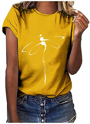 ORANDESIGNE T-Shirt Damen Sommer Oberteile Lässig Libelle Druck Kurzarm O-Ausschnitt Locker T-Shirt Bluse Top Einfarbig Basic Tees Tops Elegant Locker Mädchen Alltag Oberteile E Gelb M von ORANDESIGNE