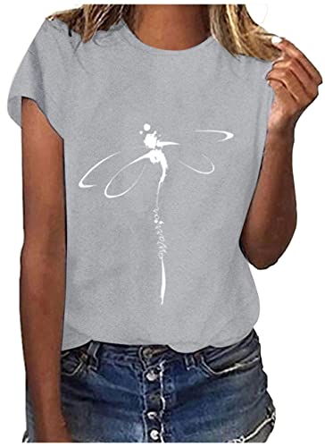 ORANDESIGNE T-Shirt Damen Sommer Oberteile Lässig Libelle Druck Kurzarm O-Ausschnitt Locker T-Shirt Bluse Top Einfarbig Basic Tees Tops Elegant Locker Mädchen Alltag Oberteile E Hellgrau L von ORANDESIGNE