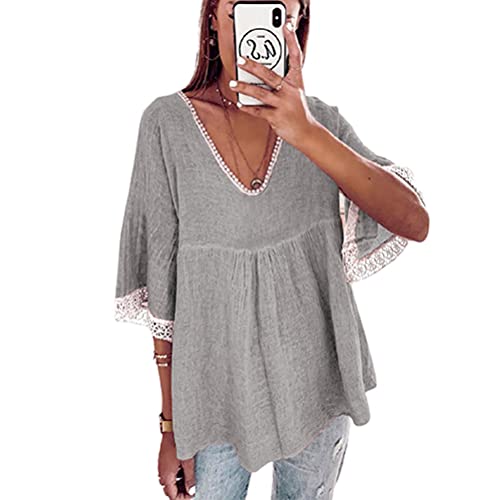 ORANDESIGNE T-Shirt Damen V-Ausschnitt Sexy Spitzen Oberteil Elegant Tunika Kurzarm Sommer Lässig Oversize Lose Shirt Große Größen Leinenbluse Casual Fransen Top Spitzenshirt A Grau XL von ORANDESIGNE