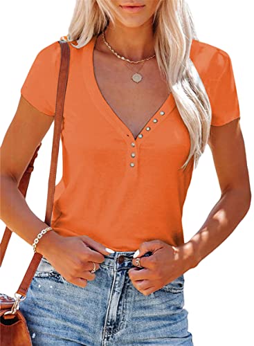 ORANDESIGNE T Shirt Damen V-Ausschnitt Sommer Kurzarm Knopfleiste Stretch Fit Strick T-Shirt Sexy Einfarbig Top Oberteile Casual Shirts A Orange L von ORANDESIGNE