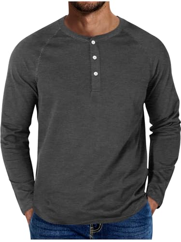 ORANDESIGNE Longsleeve Herren Langarm T-Shirts Basic Henley Shirt Langarmshirt Longsleeve Tops mit Knopfleiste A Dunkelgrau XL von ORANDESIGNE