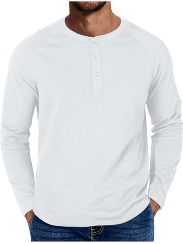 ORANDESIGNE Longsleeve Herren Langarm T-Shirts Basic Henley Shirt Langarmshirt Longsleeve Tops mit Knopfleiste A Weiß L von ORANDESIGNE