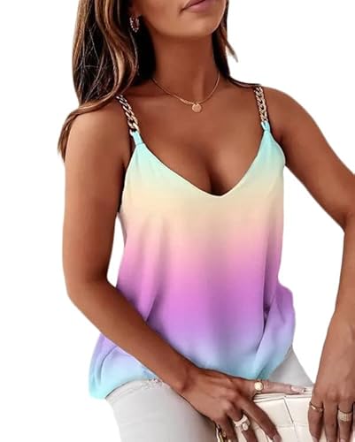 ORANDESIGNE Tank Top Damen Sommer Locker Druck Camisole Ärmellose T-Shirt Lose Oberteile Elegant Weste Tunika Cami Shirt Vest Bluse Rückenfrei Neckholder Top mit Kettengürtel A 04 3XL von ORANDESIGNE