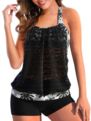 ORANDESIGNE Tankini Damen Bauchweg Bademode Set Damen Freizeit Tankini Badeanzug Zweiteiler Tankinis Set Sommer Elegant Badeanzüge für Damen Tankini Oberteil mit Badeshorts A Schwarz 3XL von ORANDESIGNE