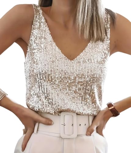 ORANDESIGNE Tanktops Pailletten Damen V-Ausschnitt Ärmelloses Top mit Schimmernden Pailletten Glitzer Oberteile Abend Glitzertop Frauen Party Disco Outfit Damen A Champagner XL von ORANDESIGNE
