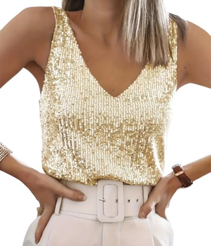 ORANDESIGNE Tanktops Pailletten Damen V-Ausschnitt Ärmelloses Top mit Schimmernden Pailletten Glitzer Oberteile Abend Glitzertop Frauen Party Disco Outfit Damen A Gelb L von ORANDESIGNE