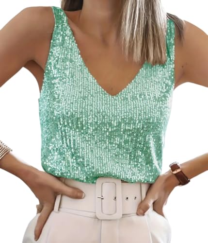 ORANDESIGNE Tanktops Pailletten Damen V-Ausschnitt Ärmelloses Top mit Schimmernden Pailletten Glitzer Oberteile Abend Glitzertop Frauen Party Disco Outfit Damen A Grün S von ORANDESIGNE
