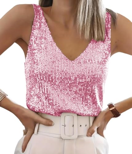 ORANDESIGNE Tanktops Pailletten Damen V-Ausschnitt Ärmelloses Top mit Schimmernden Pailletten Glitzer Oberteile Abend Glitzertop Frauen Party Disco Outfit Damen A Rosa S von ORANDESIGNE