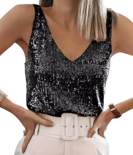 ORANDESIGNE Tanktops Pailletten Damen V-Ausschnitt Ärmelloses Top mit Schimmernden Pailletten Glitzer Oberteile Abend Glitzertop Frauen Party Disco Outfit Damen A Schwarz M von ORANDESIGNE