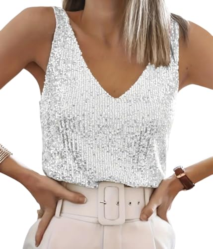 ORANDESIGNE Tanktops Pailletten Damen V-Ausschnitt Ärmelloses Top mit Schimmernden Pailletten Glitzer Oberteile Abend Glitzertop Frauen Party Disco Outfit Damen A Weiß L von ORANDESIGNE