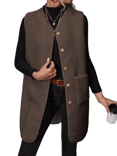 ORANDESIGNE Teddy Fleece Weste Lange Damen Herbst Winter Warm Ärmellos Fellweste Damen Einfarbig V-Ausschnitt Knöpfen Fleeceweste aus Teddyfell A Kaffee XL von ORANDESIGNE
