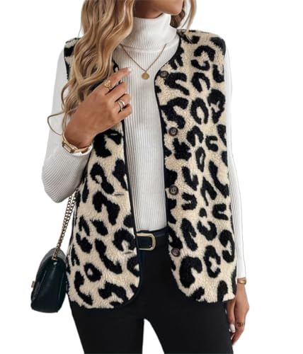 ORANDESIGNE Teddy Weste Damen Elegant Ärmellose Weste Leoparden Oberteil Teddy Jacken Leoprint Fleece Teddyweste A Khaki S von ORANDESIGNE