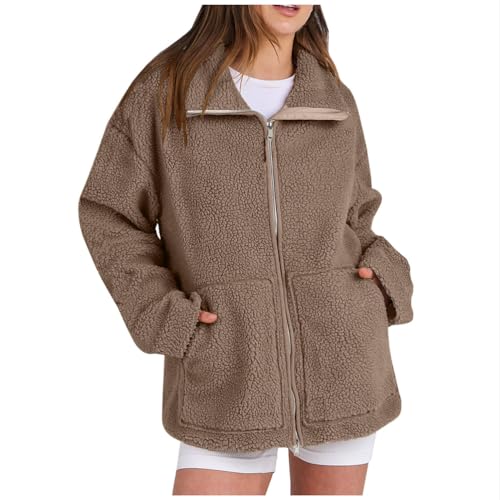 ORANDESIGNE Teddyjacke Damen Warme Doppelschneidiger Samt Jacke Dicke Freizeit Winterjacke Einfarbig Fleecejacke mit Taschen Reißverschluss Wintermantel Plüschjacke A Kamel L von ORANDESIGNE