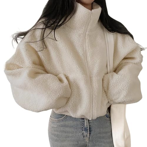 ORANDESIGNE Teddyjacke Damen Warme Teddyfleece Jacke Freizeit Winterjacke Einfarbig Fleecejacke mit Taschen Reißverschluss Wintermantel Plüschjacke A Aprikose M von ORANDESIGNE