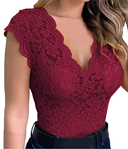 ORANDESIGNE Top mit Spitze Damen Sexy Oberteil Party Ärmellos V-Ausschnitt Tunika Tank Crop Tops für Damen Tshirt Spitzentop B Rot M von ORANDESIGNE