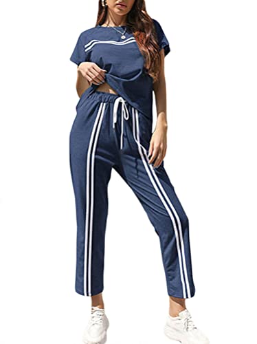 ORANDESIGNE Traingsanzug Damen Sommer Jogginganzug Einfaches T-Shirt Top + Hose Sportanzug 2 Stück Bekleidungsset Sport Lose Homewear Set mit Taschen Navy blau M von ORANDESIGNE