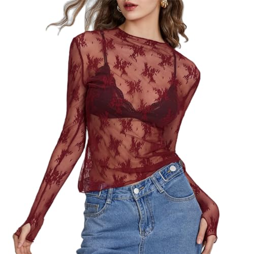 ORANDESIGNE Transparente Blusen Damen Sheer Mesh Langarmshirt Spitzenbluse Durchsichtige Langarm Oberteil Enge Unterziehshirt Layering Tops Shirts Bluse A Weinrot L von ORANDESIGNE