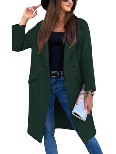 ORANDESIGNE Trenchcoat Damen Lang Winter Warm Mantel Elegant Wintermäntel Casual Revers Langarm Wollmantel Knielang Cardigan Damenmantel Windjacke Übergangsmantel Jacke Outwear Grün XXL von ORANDESIGNE