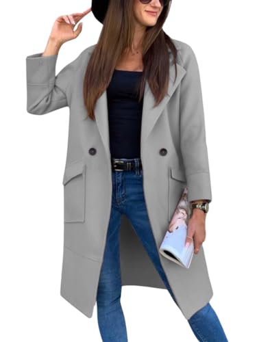 ORANDESIGNE Trenchcoat Damen Lang Winter Warm Mantel Elegant Wintermäntel Casual Revers Langarm Wollmantel Knielang Cardigan Damenmantel Windjacke Übergangsmantel Jacke Outwear Hellgrau S von ORANDESIGNE