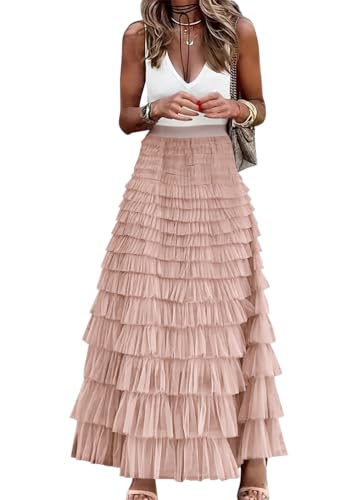 ORANDESIGNE Tüllrock Damen A-Linie Mesh Rock Elastischer Hohe Taille Lagensaum Prinzessin Langer Rock Einfarbig Röcke Maxiröcke Elegant Swing Unterrock Freizeitrock A Hellrosa M von ORANDESIGNE