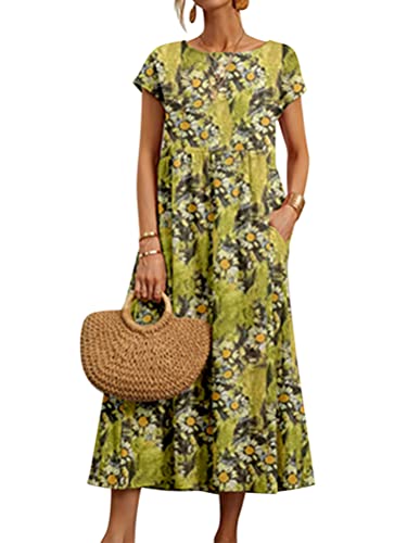ORANDESIGNE Tunika Kleid Damen Sommer Lang Boho Maxikleid Casual Sommerkleid Leicht Kurzarm Blumenmuster T-Shirt Kleider Lose Freizeitkleid Partykleid Strandkleid mit Taschen Gelb M von ORANDESIGNE