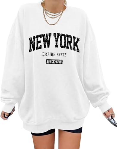 ORANDESIGNE Übergroßes Grafik-Sweatshirt für Damen, langärmelig, Rundhalsausschnitt, lässiger Herbst-Kapuzenpullover 2024, New York Weiß, L von ORANDESIGNE