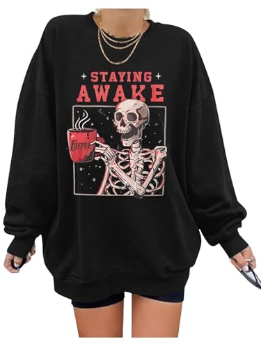 ORANDESIGNE Übergroßes Grafik-Sweatshirt für Damen, langärmelig, Rundhalsausschnitt, lässiger Herbst-Kapuzenpullover, Tops 2023, Stay Awake Schwarz, S von ORANDESIGNE