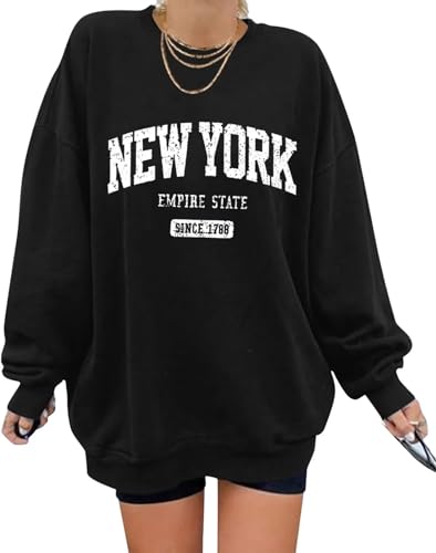 ORANDESIGNE Übergroßes Grafik-Sweatshirt für Damen, langärmelig, Rundhalsausschnitt, lässiger Herbst-Kapuzenpullover 2024, New York Black, XL von ORANDESIGNE