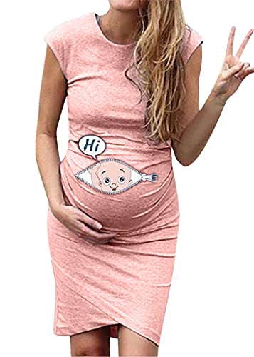 ORANDESIGNE Umstands Ärmellos Still Sommerkleid Frauen Schwangerschaft Kleid, Hi Baby, Cartoon Letter Print Umstandskleid Schwangerschaftskleid Minikleid Umstandsmode Nachthemden C Rosa XXL von ORANDESIGNE