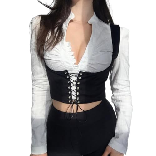 ORANDESIGNE Unterbrust Korsett Damen Schnürkorsett Steampunk Samt Bustier Retro Breite Gürtel PU Leder Lace-up Waspie Taille Cincher für Frauen Halloween A Schwarz L von ORANDESIGNE