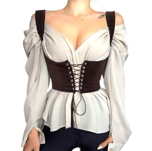 ORANDESIGNE Unterbrust Korsett Damen Schnürkorsett Steampunk Samt Bustier Retro Breite Gürtel PU Leder Lace-up Waspie Taille Cincher für Frauen Halloween A Braun S von ORANDESIGNE
