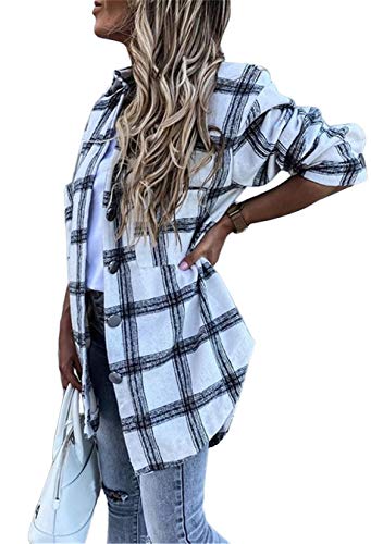 ORANDESIGNE Weiß Blau Kariertes Taschen Knöpfen Langarm Oversize Bluse Mantel Hemdjacke Holzfällerjacke Damen Mode XS von ORANDESIGNE