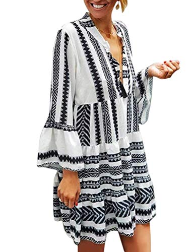 ORANDESIGNE Weiß Damen Kleider Strand Elegant Casual A-Linie Kleid 3/4-Arm Sommerkleider Boho V-Ausschnitt Tunika Mini Kleider A Weiß XL von ORANDESIGNE