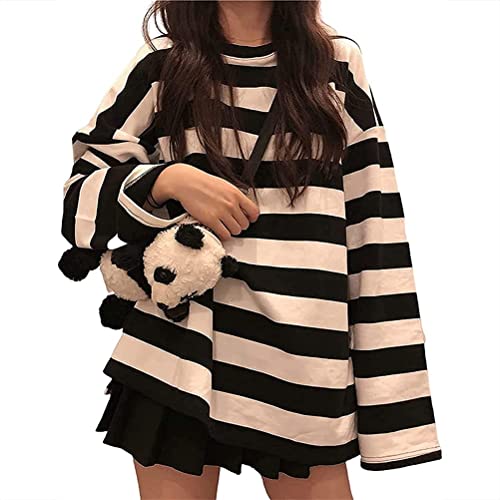 ORANDESIGNE Weiß Damen Oversize Gestreifter Langarmshirts Unisex Harajuku Farbblock Streifen Langes Sweatshirt Lässig Lange Ärmel Crewneck T-Shirt Tops Teenager Mädchen Oberteile A Weiß S von ORANDESIGNE