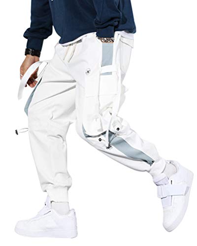 ORANDESIGNE Weiß Herren Cargohose Arbeit Kampf Techwear Hose Hip Hop Mehrere Taschen Tapered Hosen Schnalle Riemen Jogginghose Sweatpants E Weiß M von ORANDESIGNE