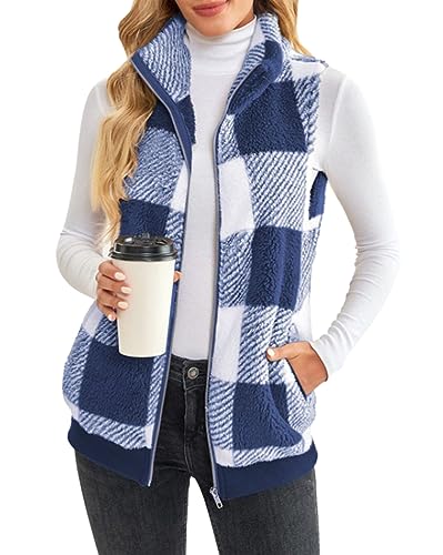 ORANDESIGNE Weste Damen Kurz Elegant Warm Gefüttert Kuschelig Flauschig Kariert Fleeceweste Ärmellos Teddy Plüsch Fellweste Kunstfell Mode Herbst Winter Westen Casual Karo Pelzweste Blau L von ORANDESIGNE