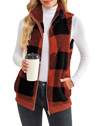ORANDESIGNE Weste Damen Kurz Elegant Warm Gefüttert Kuschelig Flauschig Kariert Fleeceweste Ärmellos Teddy Plüsch Fellweste Kunstfell Mode Herbst Winter Westen Casual Karo Pelzweste Burgunderrot L von ORANDESIGNE