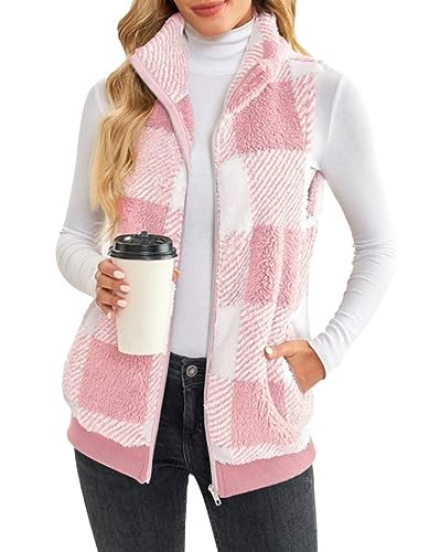 ORANDESIGNE Weste Damen Kurz Elegant Warm Gefüttert Kuschelig Flauschig Kariert Fleeceweste Ärmellos Teddy Plüsch Fellweste Kunstfell Mode Herbst Winter Westen Casual Karo Pelzweste Rosa XL von ORANDESIGNE