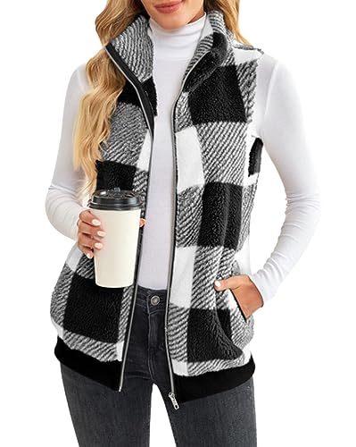 ORANDESIGNE Weste Damen Kurz Elegant Warm Gefüttert Kuschelig Flauschig Kariert Fleeceweste Ärmellos Teddy Plüsch Fellweste Kunstfell Mode Herbst Winter Westen Casual Karo Pelzweste Schwarz L von ORANDESIGNE