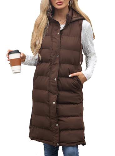 ORANDESIGNE Weste Damen Lang mit Kapuze Steppweste Ärmellose Warme Daunenweste Elegant Winterjacke Reißverschlüsse A Braun L von ORANDESIGNE