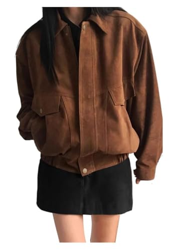 ORANDESIGNE Wildlederjacke Damen Braun Wildleder Mantel Mit Revers Suede Jacket Wildleder Blazer Herbst Winter Langarm Mode Wildleder Leder Anzug Jacken I Khaki L von ORANDESIGNE