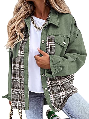 ORANDESIGNE Winterjacke Damen Jeansjacke Tailliert Jeans Hemden Karierte Jacke Mantel Langarm Casual Bluse Elegant Stehkragen Gestreift Hemd Oberteile Wintermantel Grün S von ORANDESIGNE