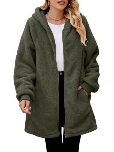 ORANDESIGNE Winterjacke Damen Kuschelige Fleecejacke Übergangsjacke Gefüttert Langarm Reißverschluss Jacke Herbst-Wintermantel mit Taschen A Armeegrün L von ORANDESIGNE