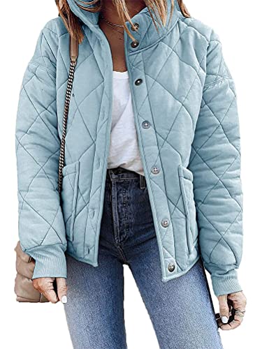 ORANDESIGNE Winterjacke Damen Warm Daunenjacke Leicht Steppjacke Übergangsjacke Lange Ärmel Stehkragen Einfarbige Casual Parka Jacke mit Taschen Outdoor Mantel A Hellblau XS von ORANDESIGNE