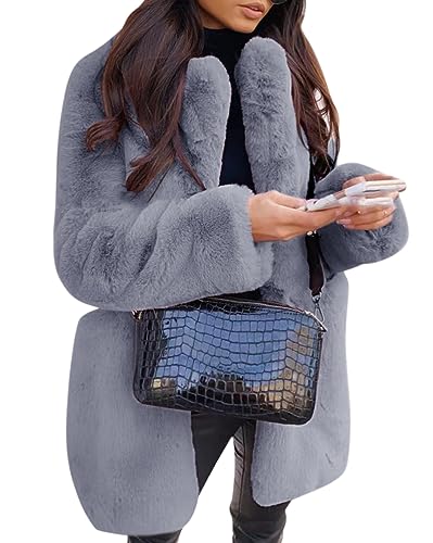 ORANDESIGNE Winterjacke Damen Warm Teddy Plüsch Dicke Fleecejacke Felljacke Kunstfell Cardigan Offen Winter Mantel Frau Elegant Flauschige Jacke Outdoor Übergangsjacke Grau XXL von ORANDESIGNE
