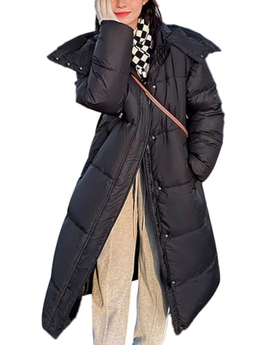 ORANDESIGNE Winterjacke Damen Winter Jacken Lang Warm Daunenmantel mit Kapuze Elegant Wintermantel Steppmantel mit Fellkapuze Steppjacke Langer Outdoor Mantel F-Schwarz XS von ORANDESIGNE