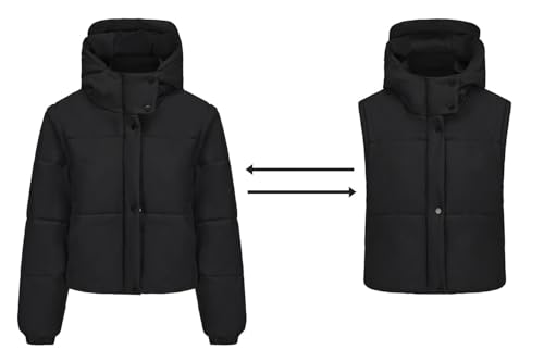 ORANDESIGNE Winterjacke Damen mit Kapuze Blouson Jacke Kurze Daunenjacke Warme Pufferjacke Daunenweste 2 in 1 Abnehmbare Ärmel B Schwarz XL von ORANDESIGNE